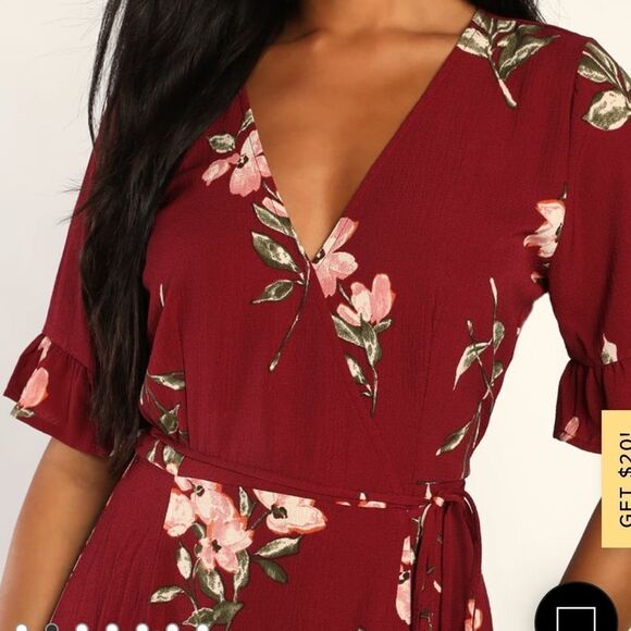 Lulus September Sunsets Burgundy Floral Print Wrap Maxi Dress Sz M NWT IN PKG - Picture 2 of 8